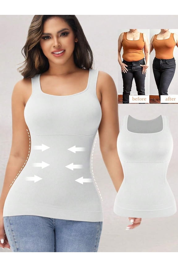 White Square Neck Compression Cami With Firm Tummy Control Shapewear Vest