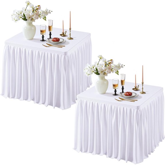 White Square Tableloths 34x34 Inch 2 Packs, Stretch Fitted Square Table Cloth Washable Fabric Card Table Cover with Pleated Ruffle Skirt for Dining, Kitchen, Buffet Parties, Trade Show, Vendor Stand