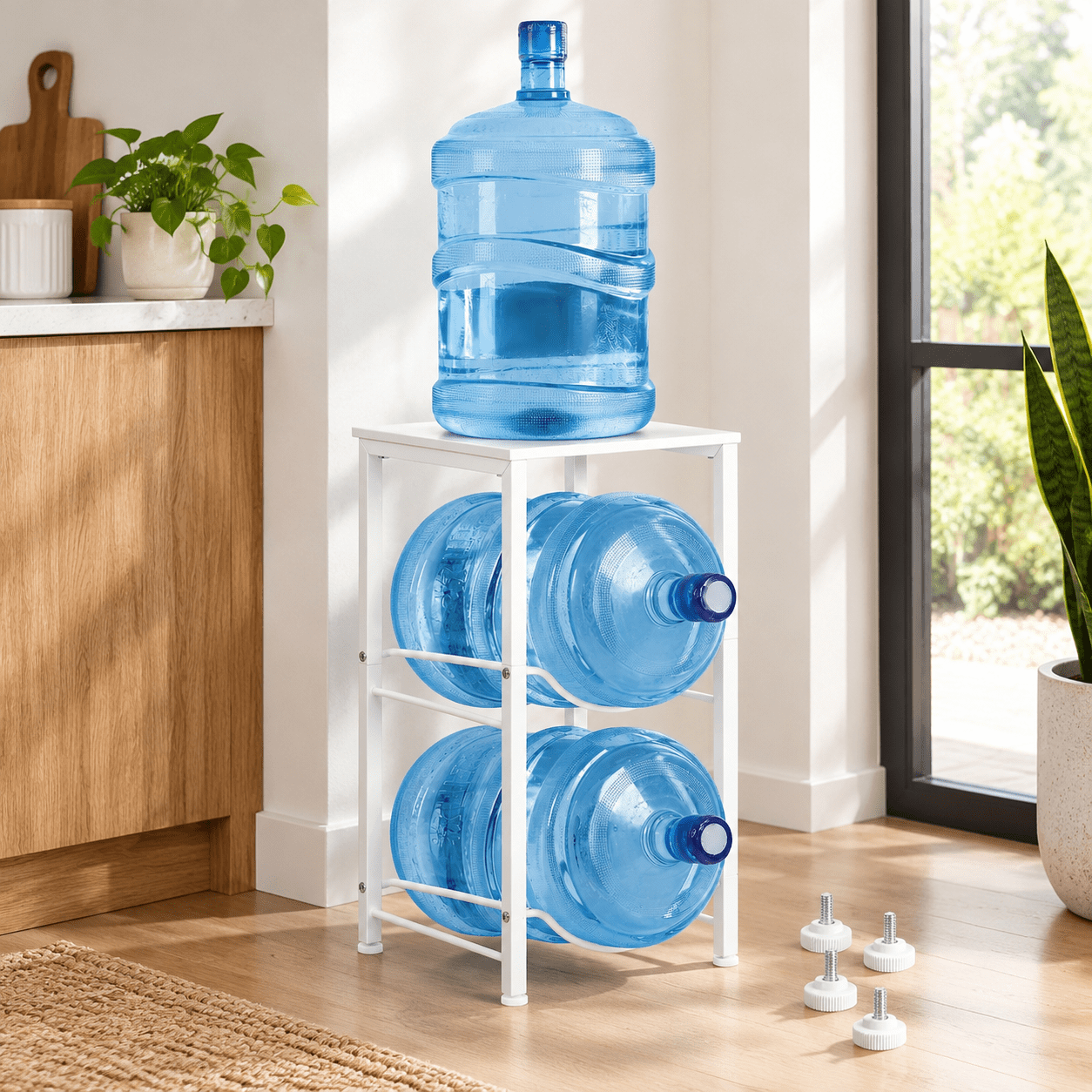 Square Rube White Square Tube 5 Gallon Water Bottle Holder Stand with Top Shelf for ...