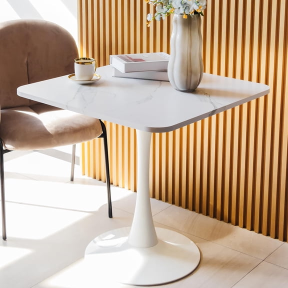 White Square Tulip Dining Table with Faux Marble Top 30 Inch