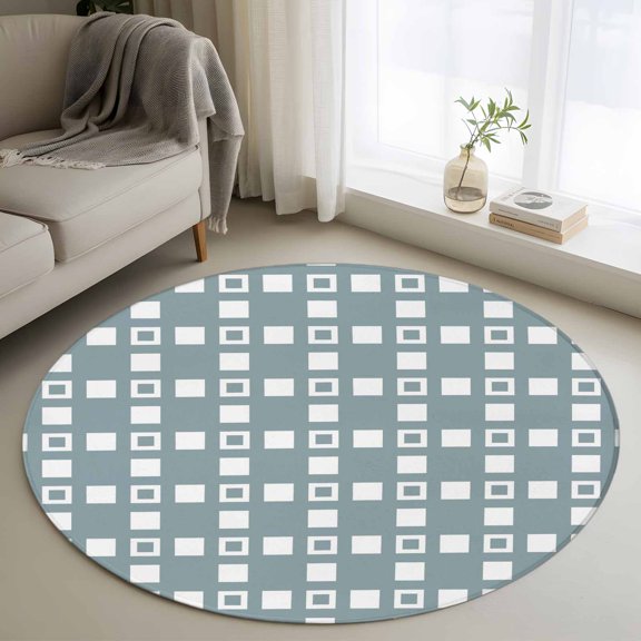 White Squares 3FT Round Area Rug Minimalist Grid Sage Green Soft Small Round Rugs Non-Slip, Ultra-Thin Washable Rug Low Pile Circle Carpet for Bedroom Kitchen Nursery