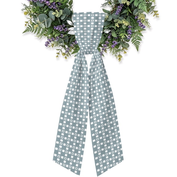 White Squares Wreath Sash for Front Door, Minimalist Grid Sage Green Satin Wreath Ribbon Bow Accessory Garland Home Decor for Doorway Porch Yard 4.5x56