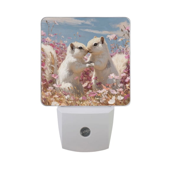 White Squirrel Kiss Flowers Valentine LED Night Light Sensor Lamp Plug-in Adjustable Brightness 2 Pack