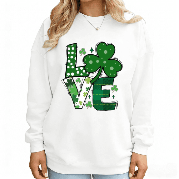 White St Patrick Day Shamrock Love Print Sweatshirt Graphic Sweatshirt Lucky Spring Style S-3XL Tops