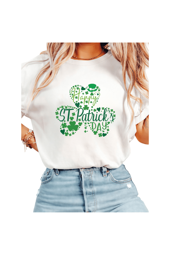 White St Patricks Day Print Tshirt Graphic Tees Shirts Happy St Patricks Day Clover Holiday Casual Wear Tops Sizes S-5XL