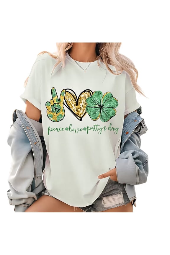 White St Patricks Day Print Tshirt Graphic Tees Shirts Peace Love Patty's Day Leopard Peace Sign Heart Clover Holiday Party Daily Wear Tops Sizes S-5XL