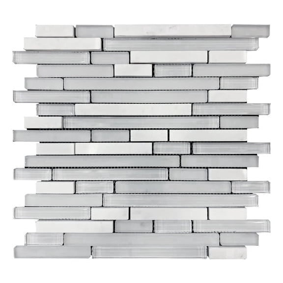 White Staccato Marble & Glass Random Strips 12-in x 13-in Glass Mosaic Wall Tile(10.83-sq. ft/ Box)