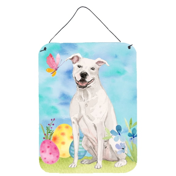White Staffie Bull Terrier Easter Wall or Door Hanging Prints