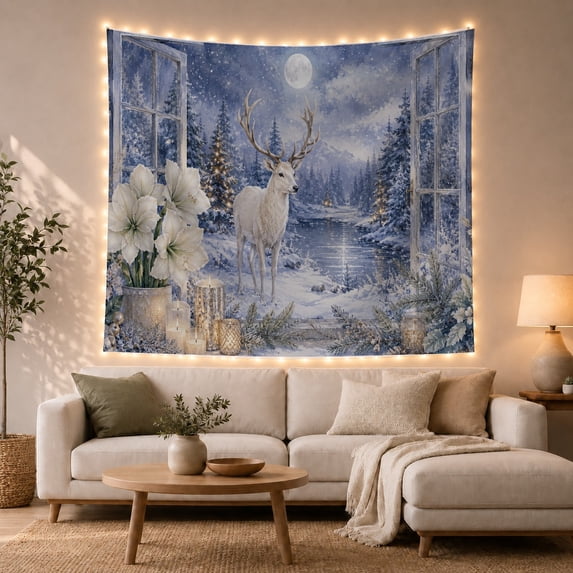 White Stag in Snowy Forest Against Moonlight Window, Dreamy Illustration for Nature Lovers, Fantasy Winter Scene Art, Christmas Gift Tapestry Wall Hanging for Bedroom and Living Room