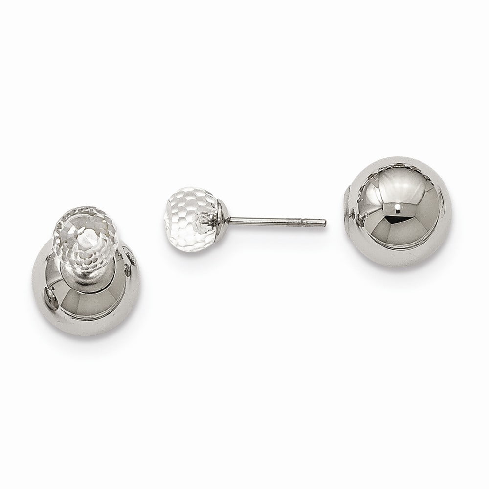 White Stainless Steel Earring Ball Women'S Glass Polished Clear Reversible Post Earrings