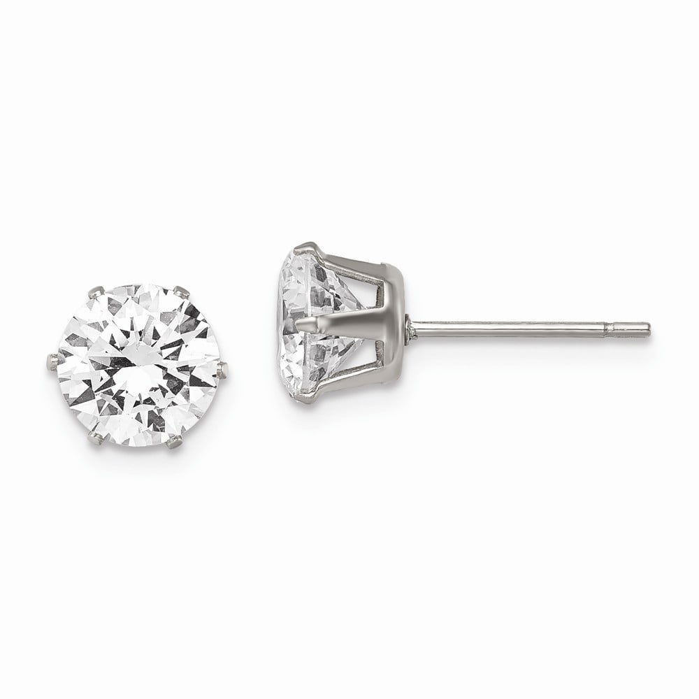 White Stainless Steel Earring Stud Women'S Cubic Zirconia CZ Round Clear 8 mm