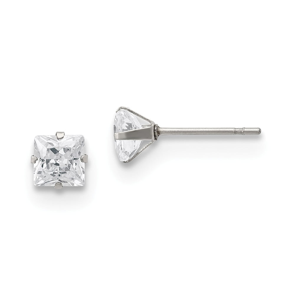 White Stainless Steel Earring Stud Women'S Cubic Zirconia CZ Square Clear 5.54 mm 5.56