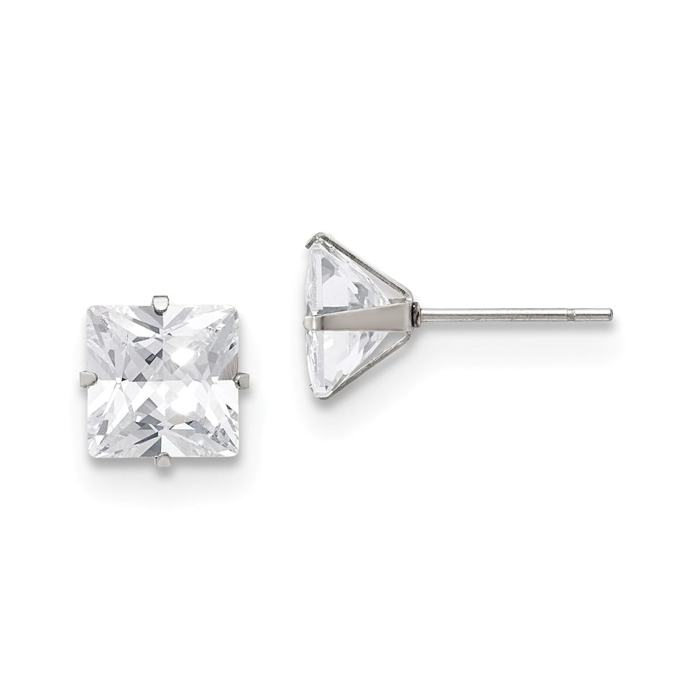 White Stainless Steel Earring Stud Women'S Cubic Zirconia CZ Square Clear 8.81 mm 8.79