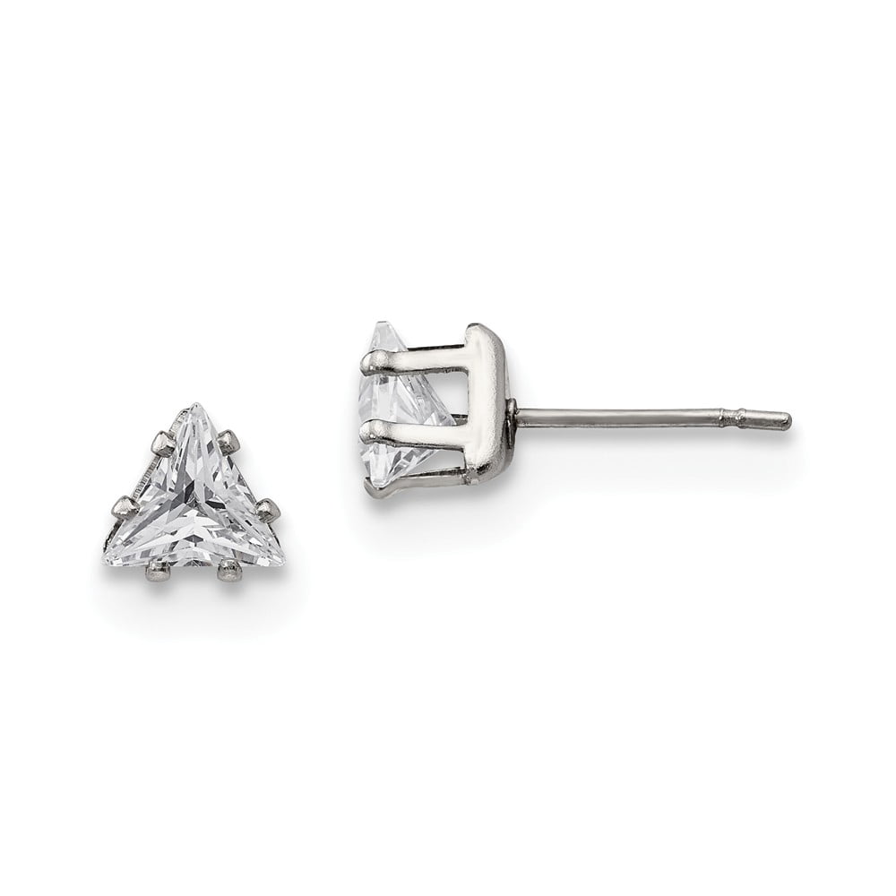 White Stainless Steel Earring Stud Women'S Cubic Zirconia CZ Trillion Clear 6.37 mm 6.66