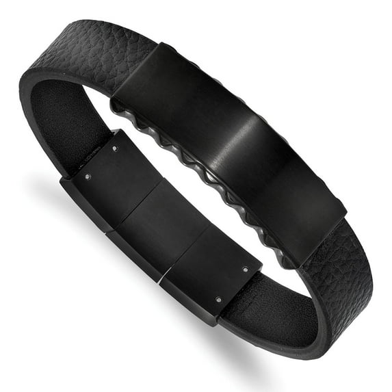 White Stainless Steel Men's Brushed & Polished Black IP Leather with .5in ext. ID Bracelet