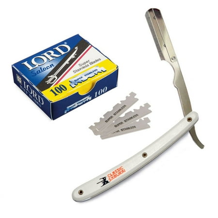 White Stainless Steel Professional Barber Straight Edge Razor with 100 Lord Single Edge Razor Blades