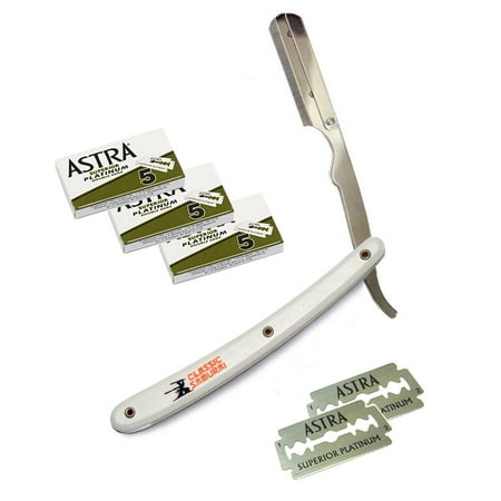 White Stainless Steel Professional Barber Straight Edge Razor with 15 Astra Double Edge Razor Blades