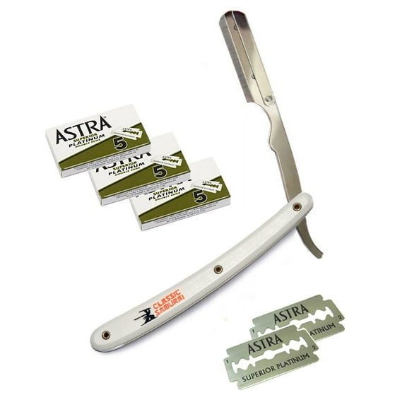 White Stainless Steel Professional Barber Straight Edge Razor with 15 Astra Double Edge Razor Blades