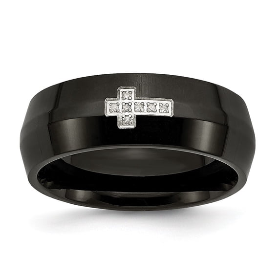 White Stainless Steel Ring Band Men's Diamond Black IP-plated with Diamond Cross