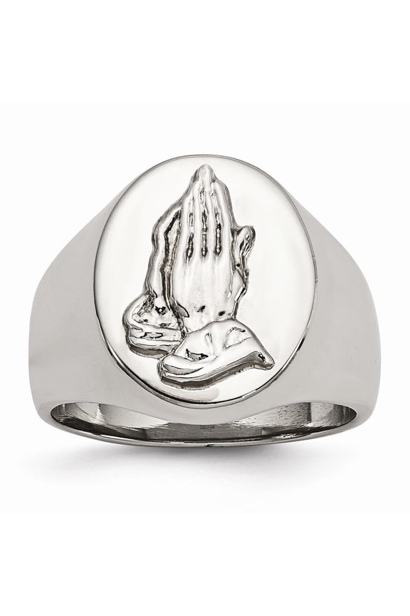 White Stainless Steel Ring Band Men's Polished with Sterling Silver Praying Hands