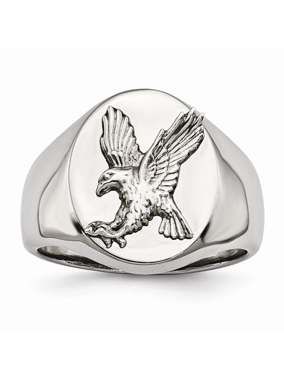 White Stainless Steel Ring Band Men's Polished with Sterling Silver Rhodium-plated Eagle