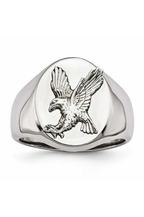 White Stainless Steel Ring Band Men's Polished with Sterling Silver Rhodium-plated Eagle