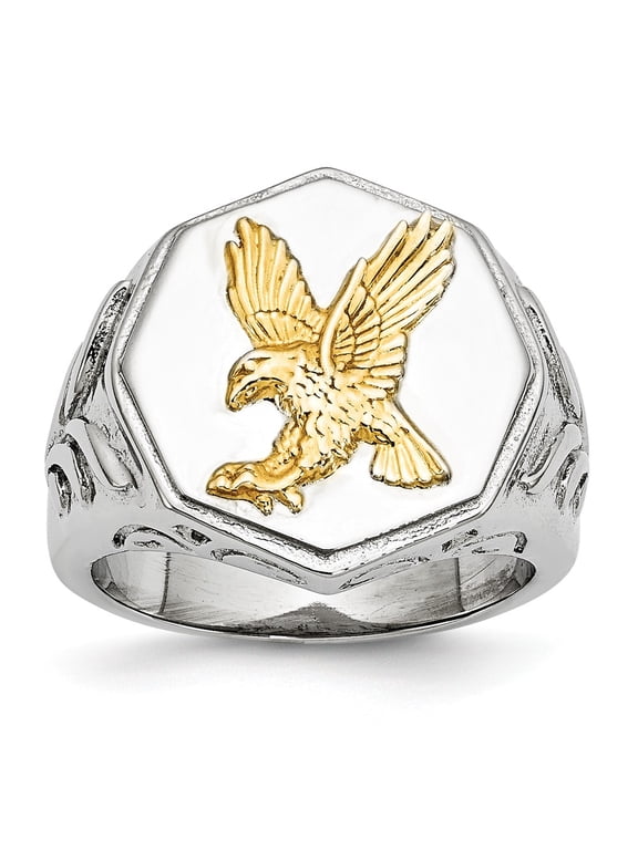 White Stainless Steel Ring Band Themed Yellow IP-plated with Sterling Silver Eagle Polished