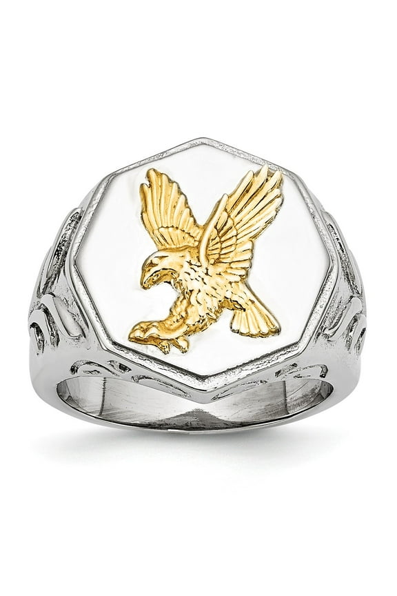 White Stainless Steel Ring Band Themed Yellow IP-plated with Sterling Silver Eagle Polished