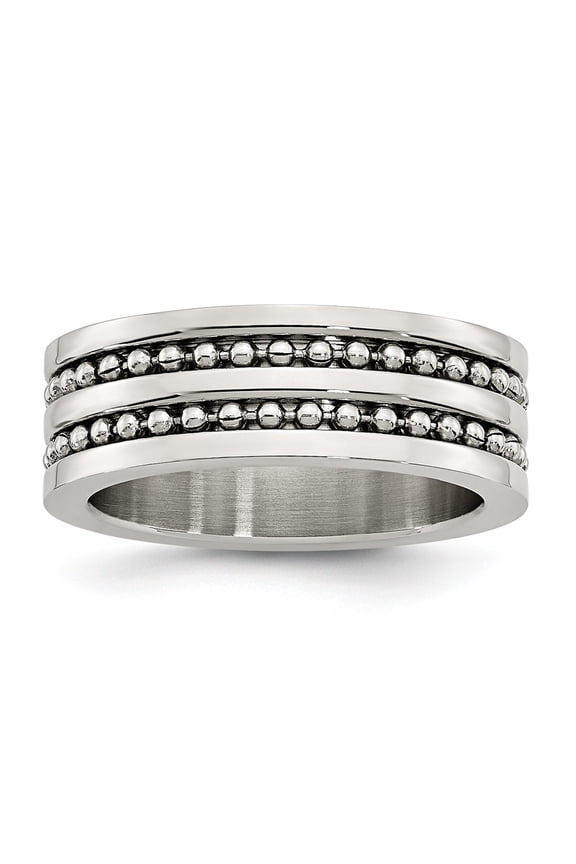 White Stainless Steel Ring Band Wedding 8mm Double Row Beaded Polished