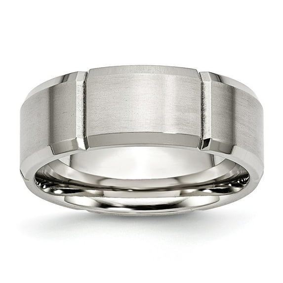 White Stainless Steel Ring Band Wedding Beveled Edge Grooved 8mm Brushed Polished
