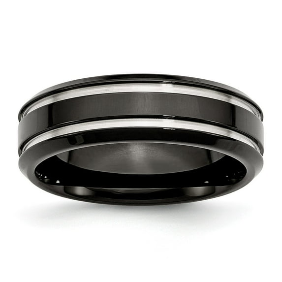 White Stainless Steel Ring Band Wedding Black IP-plated Grooved and Polished 7mm