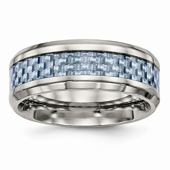 White Stainless Steel Ring Band Wedding Blue Carbon Fiber