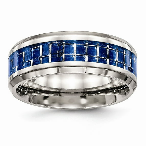 White Stainless Steel Ring Band Wedding Blue Carbon Fiber