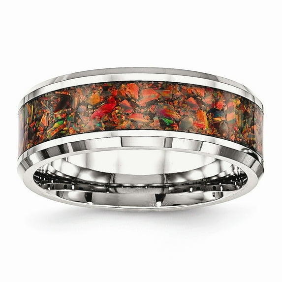 White Stainless Steel Ring Band Wedding Comfort Opal, Lab Created Phenomena