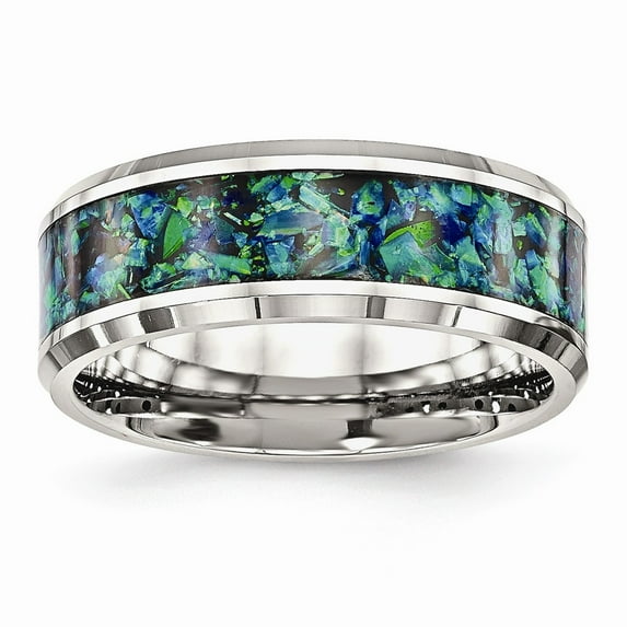 White Stainless Steel Ring Band Wedding Comfort Opal, Lab Created Phenomena