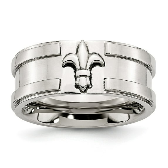 White Stainless Steel Ring Band Wedding Fleur de lis 10mm Brushed & Polished