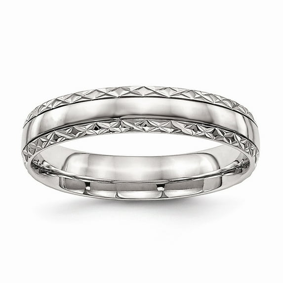 White Stainless Steel Ring Band Wedding Polished Grooved Criss Cross Design