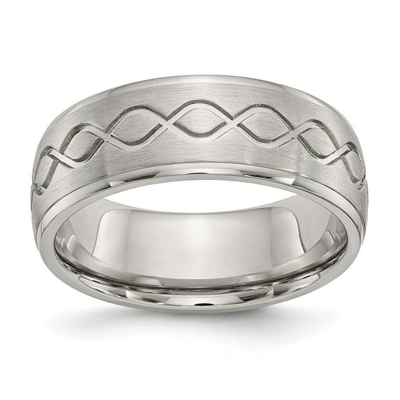 White Stainless Steel Ring Band Wedding Ridged Scroll Design Brushed & Polished 8mm Edge