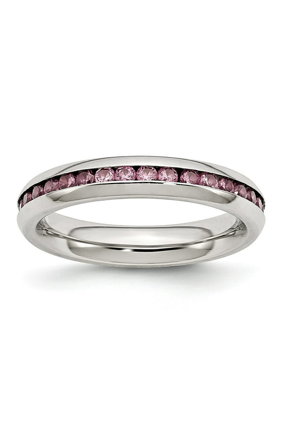 White Stainless Steel Ring Band with Stones (06) June Cubic Zirconia CZ Pink