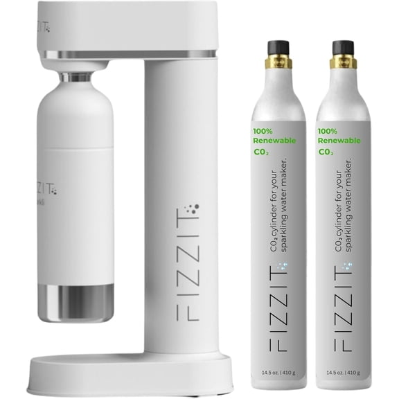 White Stainless Steel Sparkling Water Maker with 2 CO2 Cylinders & 1L Reusable Bottle