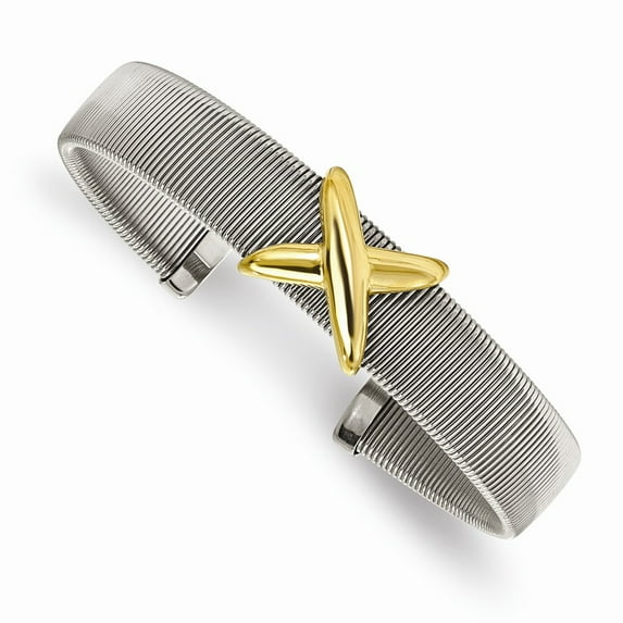 White Stainless Steel bracelet Cuff 9 mm Polished Textured Yellow IP-plated Bangle