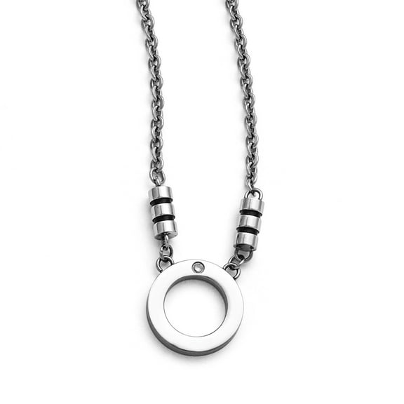 White Stainless Steel necklace with pendant Black Cubic Zirconia CZ 22.5 in