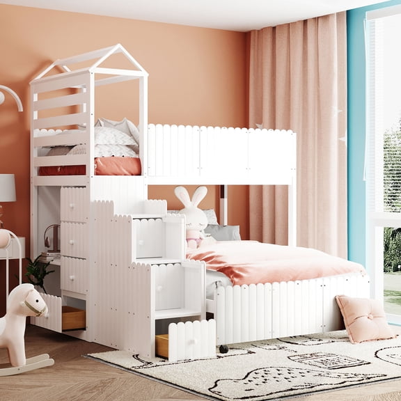 White Stairway Twin Over Full House Bunk Bed with Two Shelves and Seven Drawers
