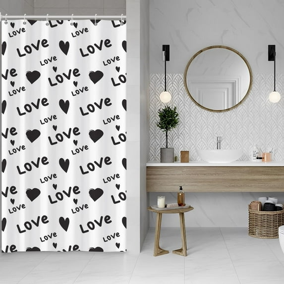 White Stall RV Shower Curtain Set 6 Hooks Valentine''s Day Decoration Shower Curtains for Girls Bathroom Minimalist Black Love Hearts Waterproof Fabric Bathtub Decor Room Divider 36x72 inches