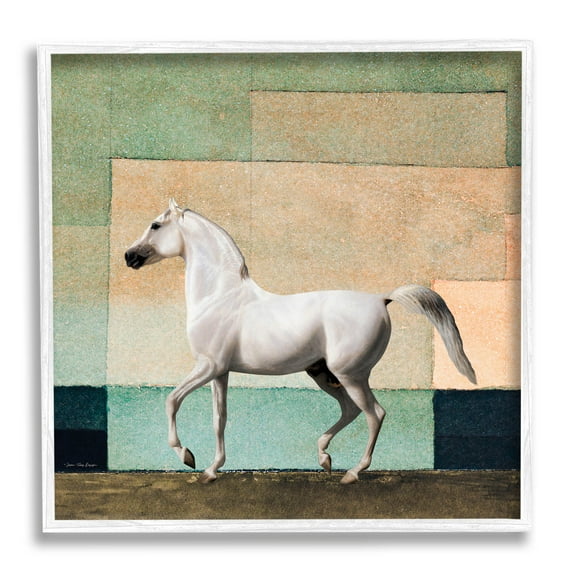 White Stallion Geometric Composition Animals & Insects Graphic Art White Framed Art Print Wall Art