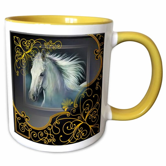 3drose, White Stallion in a Beautiful Black Frame with Gold Accents, 11oz Two-tone Yellow Mug