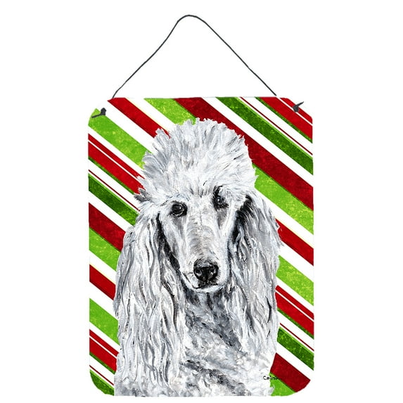 White Standard Poodle Candy Cane Christmas Wall or Door Hanging Prints