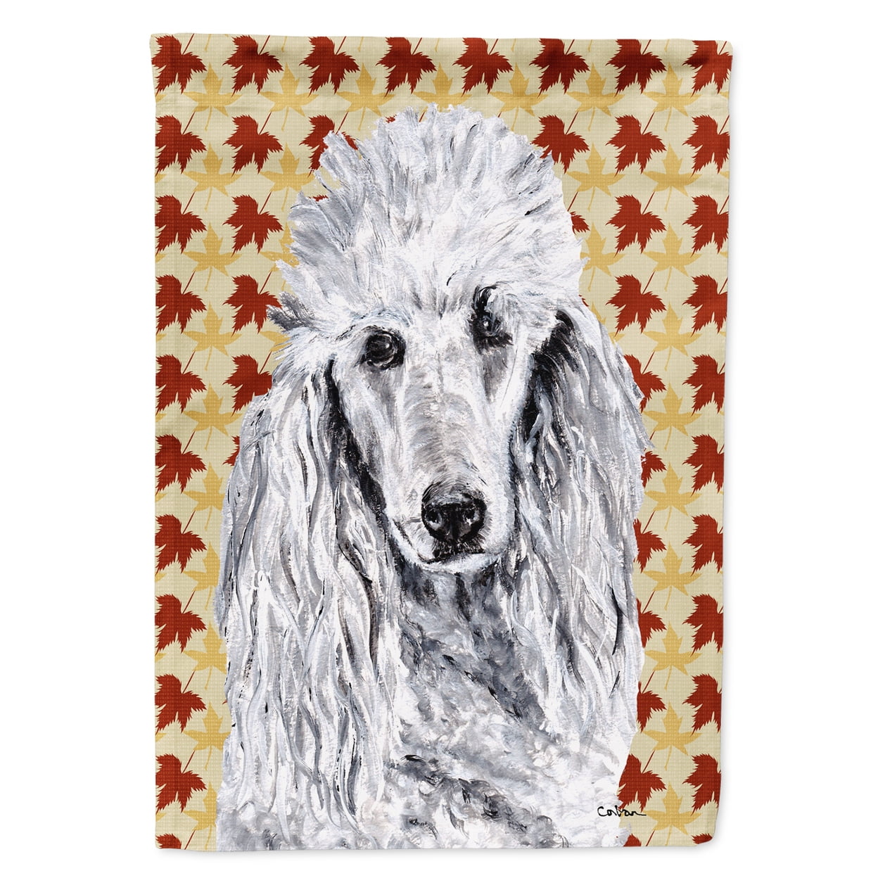 White Standard Poodle Fall Leaves House Flag