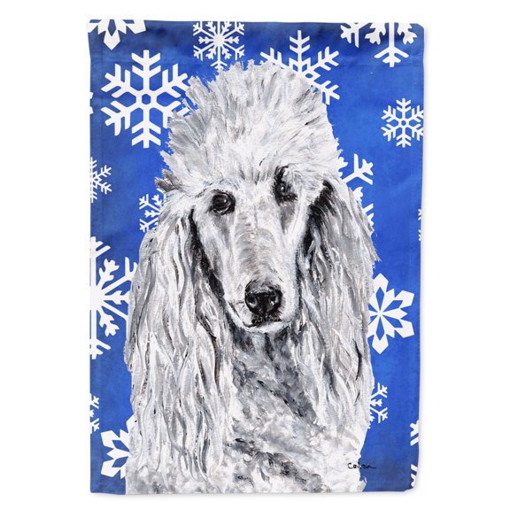 White Standard Poodle Winter Snowflakes House Flag