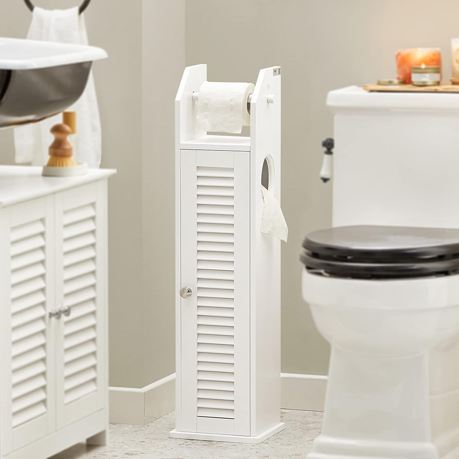 White Standing Bathroom Roll Holder, Storage Holder, Organizer